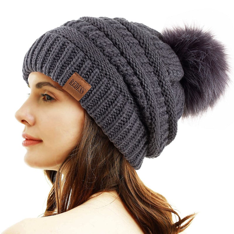 REDESS Women Winter Pom Pom Beanie Hat with Warm Fleece Lined, Gray - Image 1
